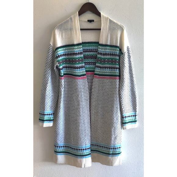 Talbots Breton Fair Isle Open Front Longline Cardigan Size M White Sweater - Picture 2 of 6
